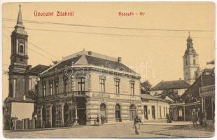 Zilah, Zalau; Kossuth tér, Körtesi József, Lőrincz Mór, Székely Miklós üzlete. "Szövetség" könyvnyomda kiadása W.L. Bp. 2313. / square, shops + "ÖNKÉNTES TŰZOLTÓ EGYLET PARANCSNOKSÁGA ZILAHON" (kopott sarkak / worn corners)