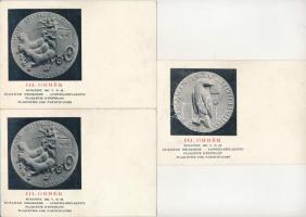 3 db RÉGI képeslap: Szent István király ünnepi évében. III. ORBÉK (Országos Magyar Bélyegkiállítás) Budapest 1938. V. 22-30. kiállítási emlékérme (2 egyforma!) / 3 pre-1945 Hungarian Stamp Exhibition Medal postcards (2 identicals) + "1938 BUDAPEST III. ORBÉK" (Országos Magyar Bélyegkiállítás) So. Stpl.