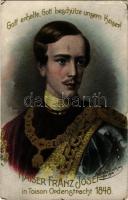 1908 Gott erhalte, Gott beschütze Unsern Kaiser! In Toison Ordenstracht 1848. Serie 750. / Ferenc József / Franz Joseph I of Austria s: Charles Scolik + "FIUME - ZAGRAB 63. SZ." vasúti mozgóposta bélyegző (EM)