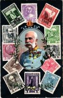 1848-1908 Ferenc József uralkodásának 60. évfordulója, bélyeges szecessziós jubileumi lap / Franz Joseph's 60th anniversary of reign, stamps. Art Nouveau, floral + "FIUME - ZAGRAB 63. SZ." vasúti mozgóposta bélyegző (kopott sarkak / worn corners)