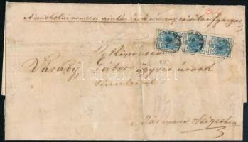 ~1855 9kr hármascsík levélen "MISKOLCZ" (hajtásnyom, sérülések a levélen / folded, damages on the cover)