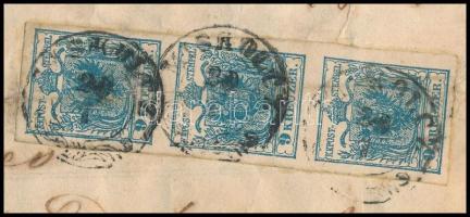 ~1855 9kr hármascsík levélen "MISKOLCZ" (hajtásnyom, sérülések a levélen / folded, damages...