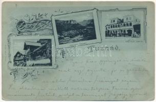 1900 Tusnádfürdő, Baile Tusnad; Hotel Sveiz szálloda, Sólyomkő, Kristó szálloda este holdfényben. Adler A. / hotels, rock at night in moonlight. Art Nouveau, floral frame (EM)