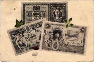 1905 Húsz és tíz koronás magyar bankjegy. Szecessziós montázs újévi motívumokkal: lóhere, gomba / Hungarian banknote montage with mushroom and clover, New Year (gyűrődések / creases)