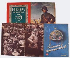 cca 1925-1930 Emlékezzünk Nagymagyarországról. I., II., IV. rész. Bp., Pesti Hírlap, 42 p.; 43 p.; 38 p. Gazdag képanyaggal illusztrált, benne érdekes írásokkal. Térkép-melléklet nélkül. + 1933 Honvédségünk. Pesti Hírlap ajándéka. Főszerk.: Légrády Ottó. 1933. április 16. Különszám. Bp., 1933, Pesti Hírlap, 42 p. Gazdag képanyaggal illusztrált, benne érdekes írásokkal. Kiadói papírkötés, szakadt borítóval, a füzet elvált a borítótól.; 1933 Európa válaszúton: Háború vagy béke? A Pesti Hírlap ajándéka. 1933. dec. 24. Főszerk.: Légrády Ottó. Bp., 1933, Pesti Hírlap, 95+1 p. Irredenta kiadvány. Gazdag képanyaggal illusztrált, benne érdekes írásokkal. Kiadói papírkötés.