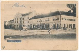 Sepsiszentgyörgy, Sfantu Gheorghe; Piac tér, Miske László, Kozma Lajos, Gyárfás Árpád, Domokos Géza, Deák és Bikfalvi üzlete / market square, shops (b)