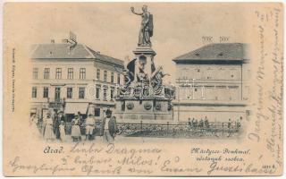 1900 Arad, Vértanúk szobra, Andrényi Gusztáv üzlete, gyógyszertár, Pölzl kávéháza. Schmidt Edgar kiadása / Märtyrer-Denkmal / monument, shops, pharmacy, café (szakadások / tears)