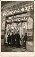 Budapest (?), Kabay J. Károly úri és hölgyfodrász szalonja, üzlet, tartós gépondolálás, manikűr, előtte a tulajdonos és családja. photo (EK)