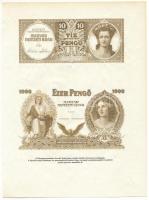 1942. 1000P tervezet próbanyomata, csak előlapi nyomat, utánnyomás + 1943. 10P tervezet próbanyomata, csak előlapi nyomat, utánnyomás Dr. Gara Miklós (szerk.): Nyomdaipari Enciklopédia című kötetből T:UNC Adamo SPT11.1, SPT20.1