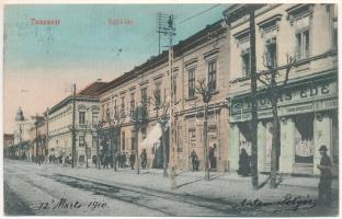 1910 Temesvár, Timisoara; Küttl tér, Thomas Ede cukrászdája, Wolf Mihály, Gerő Manó üzlete és saját kiadása / square, confectionery, publisher's shop (gyűrődés / crease)