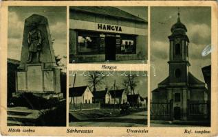 Sárkeresztes, Hősök szobra, Hangya Szövetkezet üzlet, utcarészlet, református templom (Rb)