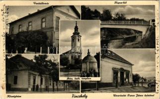 1941 Pincehely, Kapos híd, római katolikus templom, községháza, vasútállomás utcarészlet Tanos János üzletével, saját kiadása (EB)