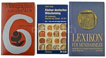 Három darabos német nyelvű numizmatikai irodalom tétel, benne: Jindrich Marco: Münzzeichen aus aller Welt (Pénzverde jelek a világ minden tájáról). Artia, Prága, 1982.; Günther Schön: Kleiner deutscher Münzkatalog - Mit Lichtenstein, Österreich und Schweiz Ab 1871. Battenberg, München, 1986.; Dieter Fassbender: Lexikon für Münzsammler - 1800 Begriffe von Aachener Mark bis Zwittzermünze. Battenberg, Augsburg, 1991.