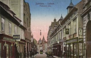 Ljubljana Presernova street with the restaurant of Ivanka Matjan and the shop of Emil Dobric