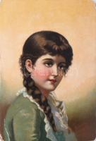 Olvashatatlan jelzéssel, XIX. sz. vége, feltehetően osztrák festő: Copfos lányka, 1895. Olaj, fatábla. Sarkaiban kissé sérült. 17,5x12,5 cm