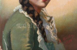 Olvashatatlan jelzéssel, XIX. sz. vége, feltehetően osztrák festő: Copfos lányka, 1895. Olaj, fatábl...