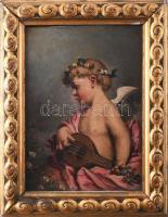 Jelzés nélkül, XIX. sz. vége/XX. sz. eleje: Angyalka lanttal. Olaj, karton. Dekoratív, kissé sérült fakeretben. 19,5x15 cm