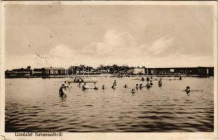 Kakasszékfürdő (Orosháza), strand, fürdőzők + "VÁSÁRHELYKUTAS" "MAGYAR KIRÁLYI MOZGÓPOSTA 11" sz. vasúti mozgóposta bélyegző (EK)