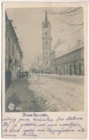 1917 Beszterce, Bistritz, Bistrita; Evangélikus templom télen, üzletek / Lutheran church in winter, shops. photo + "K.u.K. Zensurstelle Besztercze" (gyűrődés / crease)