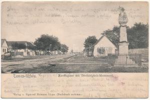 1903 Temesújfalu, Temesvár-Újfalu, Neudorf; Kreutzgasse mit Dreifaltigkeit-Monument / Kereszt utca, Szentháromság szobor. Sigmund Heimann kiadása (Lippa) / street view, Holy Trinity statue (EB)