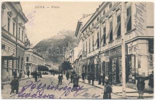 1906 Déva, Fő tér, Schumann Ernő üzlete, szálloda és kávéház, vár / main square, shops, hotel and café, castle ruins (EK)