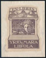 Örkényi István (1886-1949) : Ex libris Yrjö &amp; Mara Liipola. Klisé, papír, jelzett a klisén, 8,5×7 cm