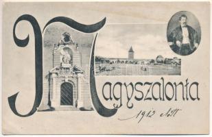 1912 Nagyszalonta, Salonta; Csonkatorony, kapu, Arany János. Szecessziós-iniciálés lap / tower, gate, János Arany. Art Nouveau initials (ázott / wet damage)