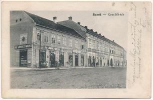1915 Barót, Baraolt; Kossuth tér, Ifj. Lőrincz Mózes üzlete. Hátoldalon Nasser-féle órák reklámja / square, shops (r)
