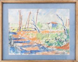 Basch Andor (1885-1944): Vasút mentén. Akvarell, tus, papír, papír, jelzett, üvegezett fakeretben, 30x38,5 cm.
