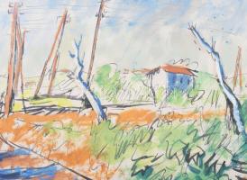 Basch Andor (1885-1944): Vasút mentén. Akvarell, tus, papír, papír, jelzett, üvegezett fakeretben, 3...