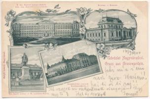 1900 Nagyvárad, Oradea; M. kir. honvéd hadapródiskola, Múzeum, Szent László szobor, Kereskedelmi csarnok. Helyfi László kiadása, szecessziós-virágos keret / Kön. ung. Honvéd-Cadettenschule, Museum, St. Ladislaus-Statue, Kaufmannshalle / K.u.K. military cadet school, museum, monument, trade hall. Art Nouveau, floral frame (fl)