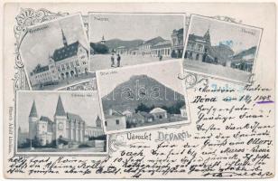 1898 Déva, Vármegyeháza, Piac tér, Fő utca, Déva vára, Vajdahunyad vára, Holtzer Károly üzlete. Hirsch Adolf kiadása, szecessziós-virágos keret / county hall, market square, main street, castle ruins in Deva, castle in Hunedoara. Art Nouveau, floral frame (Rb)