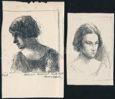 Halvax Gyula (1906-1984): 2 db női portré. Tus, papír, egyik jelzett és datált, 11x10 és 11,5x8 cm.