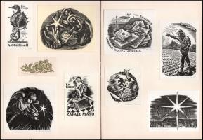 Antonio Ollé y Pinell (1897-1981): össz. 9 db ex libris (2 db paszpartuban). Fametszet, papír, mindegyik jelzett, 3x7 és 9x11,5 cm közötti méretekben.