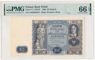 Lengyelország 1936. 20Zl "AM2058570" eredeti PMG tokban T:UNC (66 Gem Uncirculated) Poland 1936. 20 Złotych "AM2058570" in original PMG case C:UNC (66 Gem Uncirculated) Krause 77.