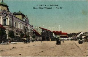 Torda, Turda; Piata Mihai Viteazul / Piac tér, Salamon Jakab, Fülöp Mór üzlete. Füssy kiadása / square, shops (EK)