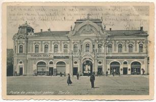 1915 Torda, Turda; Posta és Pénzügyi palota, Bethleni műmalom liszt főraktára, Cs. Mike Márton gyógyszertára a Védangyalhoz, Turcza Géza üzlete. Fodor Domokos kiadása / post office, financial palace, flour warehouse, pharmacy, shops (EK)