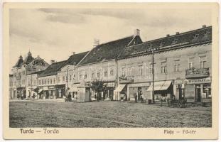 Torda, Turda; Piata / Fő tér, étterem, J. Szentkirályi, Lengyel udvar, Klein Simon, Füssy J. üzlete és saját kiadása (EK)