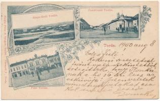 1900 Torda, Turda; Bánya-fürdő, Postahivatal, Fő tér, Harmath üzlete. Füssy és Sztupjár kiadása (ezelőtt Harmath J.) / spa, post office, main square, shops. Art Nouveau, floral (EB)