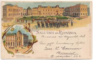 1898 Bucharest, Bukarest, Bucuresti, Bucuresci; Palatul Regal, Fundatiunea Universitara Caroli. Storck &amp; Müller 940. / royal palace, university. Art Nouveau, floral, litho (small tear)