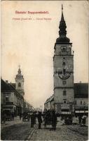 1907 Nagyszombat, Tyrnau, Trnava; Ferenc József tér, Városi torony, Szentháromság szobor, piac, Steinitz üzlete / square, tower, Trinity statue, market, shops (ázott szélek / wet edges)