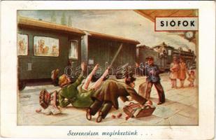 1949 Siófok, Szerencsésen megérkeztünk! humoros lap a vasútállomásról, vonat (gyűrődés / crease)