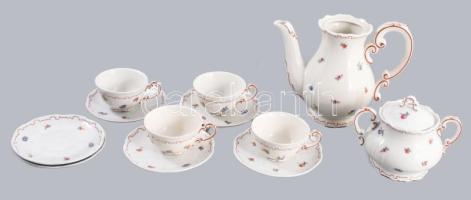 Zsolnay tollazott virágmintás kávés készlet, csésze- és fedőhiánnyal, jelzett.