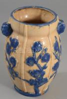 Antik japán kőcserép váza, jelzett, sérüléssel, m: 13 cm