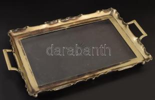 Századeleji alpakka kínálótálca, csiszolt üveg betéttel, monogrammal, 43x25 cm