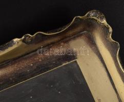 Századeleji alpakka kínálótálca, csiszolt üveg betéttel, monogrammal, 43x25 cm