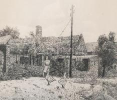 Dudás Jenő (1900-1991): Tihany. Rézkarc, papír, jelzett üvegezett keretben 29x39cm