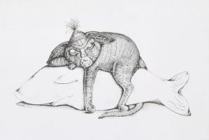 K. Bereczky Ildikó: Zsákmány. Színezett rézkarc. Jelzett, sorszámozott. 10/50. 16x23 cm Üvegezett keretben.