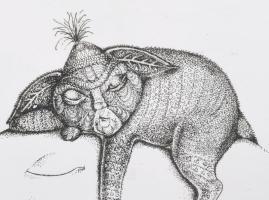 K. Bereczky Ildikó: Zsákmány. Színezett rézkarc. Jelzett, sorszámozott. 10/50. 16x23 cm Üvegezett ke...