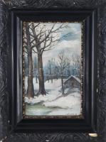 Németh E. jelzéssel: Téli erdő. Olaj, vászon, sérült keretben 29x16 cm